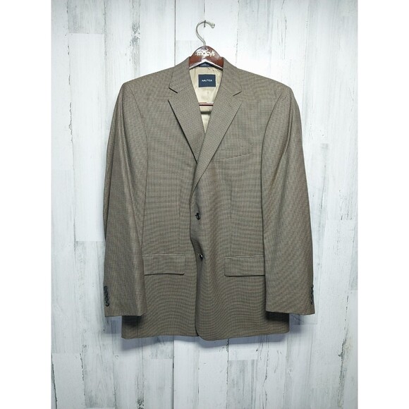 Nautica 42L USA Tan Navy Houndstooth Stripe Wool Soft Tweed 2 Button Blazer - Picture 1 of 8